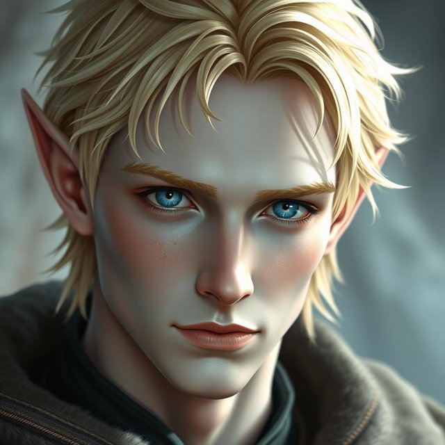 A refined elven male character with short ears, captivating blue eyes, and short blonde hair