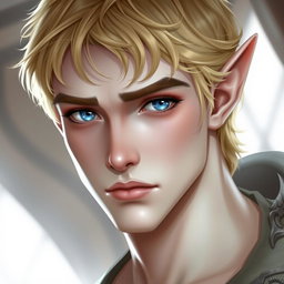 A refined elven male character with short ears, captivating blue eyes, and short blonde hair