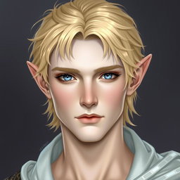 A refined elven male character with short ears, captivating blue eyes, and short blonde hair