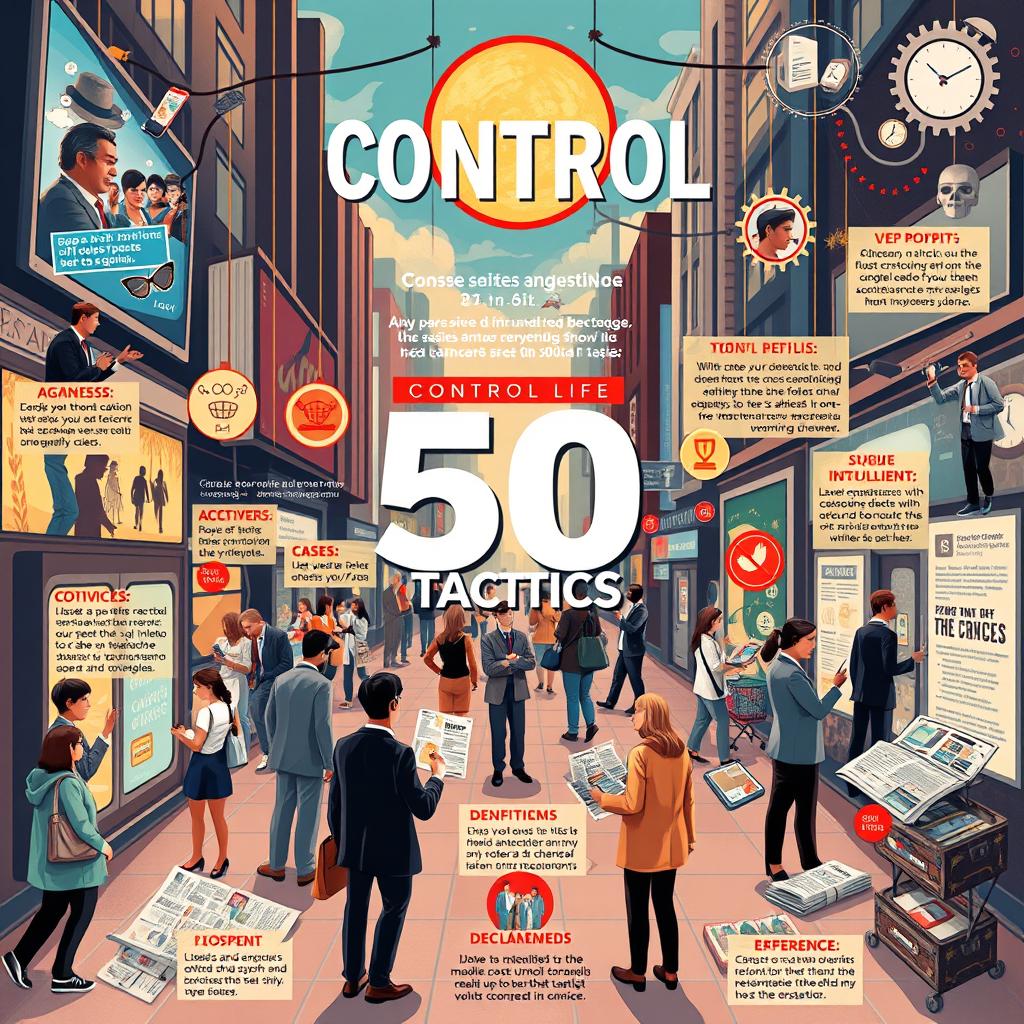 An engaging and thought-provoking infographic style illustration showcasing the theme of control in everyday life through 50 hidden tactics
