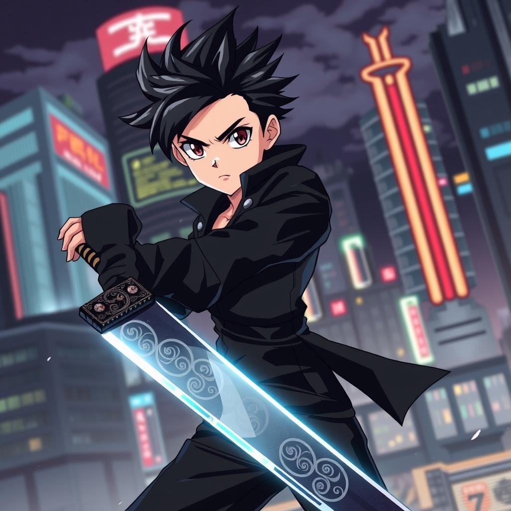 A young person dressed in a sleek black outfit, holding a katana with a confident stance, set in an anime style