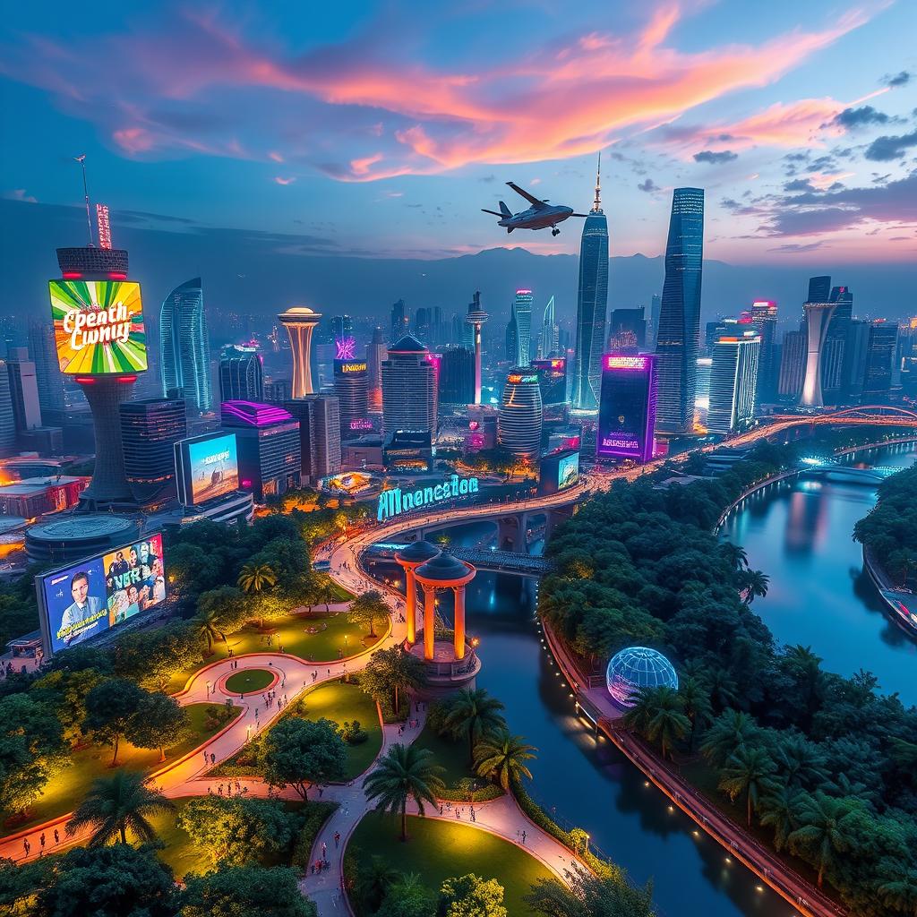 An expansive view of a vibrant and lively streaming landscape, showcasing a futuristic city at night with dazzling lights and advanced technologies