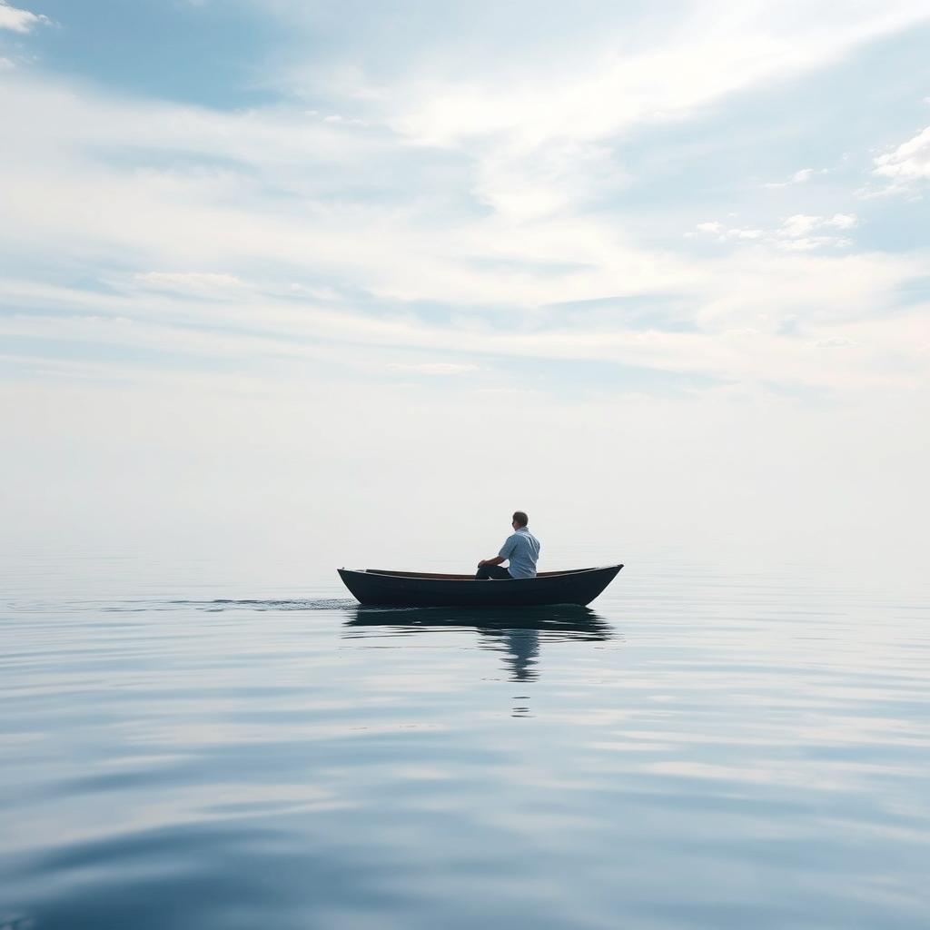 A solitary man sitting in a small boat on a serene water surface under a vast sky with an expansive horizon