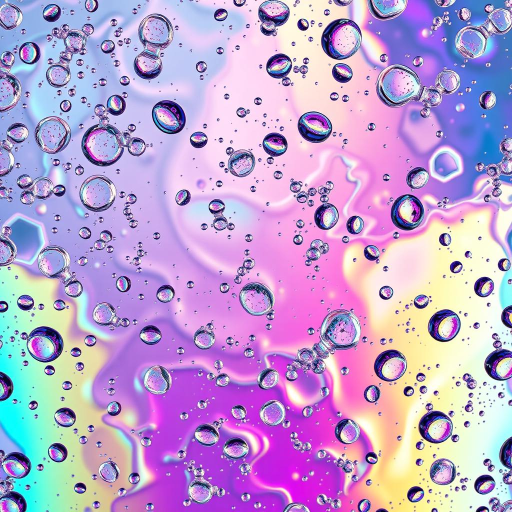 A vibrant and fresh glass background featuring an intricate pattern of bubbles and reflections, with light refracting through the glass, creating a kaleidoscope of colors
