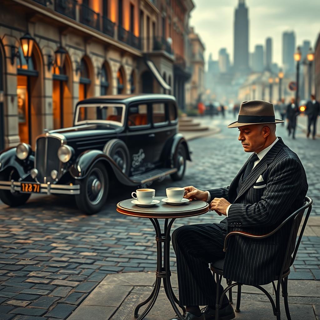 A richly detailed scene set in the 1920s, featuring a sleek black vintage car parked on a cobblestone street
