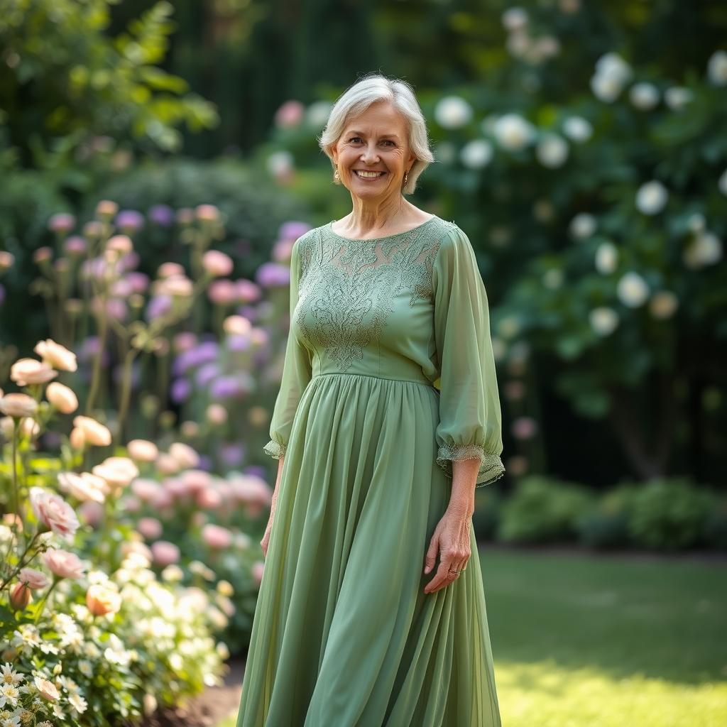 A middle-aged woman wearing a beautiful green long dress, standing gracefully in a serene garden filled with blooming flowers