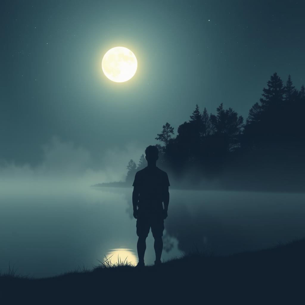 A serene night scene featuring a glowing full moon casting soft light over a calm landscape