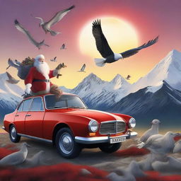 Santa Claus ambitiously climbing Mount Cook, accompanied by a Kereru and mythical Moa, with an impressive dragon overhead. In the backdrop, there's a stunning sunset and a distinctive Holden Commodore parked.