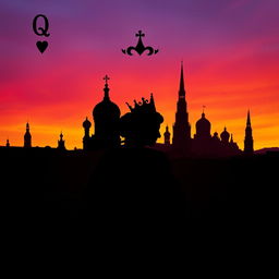 An elegant book cover design showcasing the silhouette of the playing card Queen of Hearts, complete with her distinctive crown and heart motifs, prominently displayed in the foreground