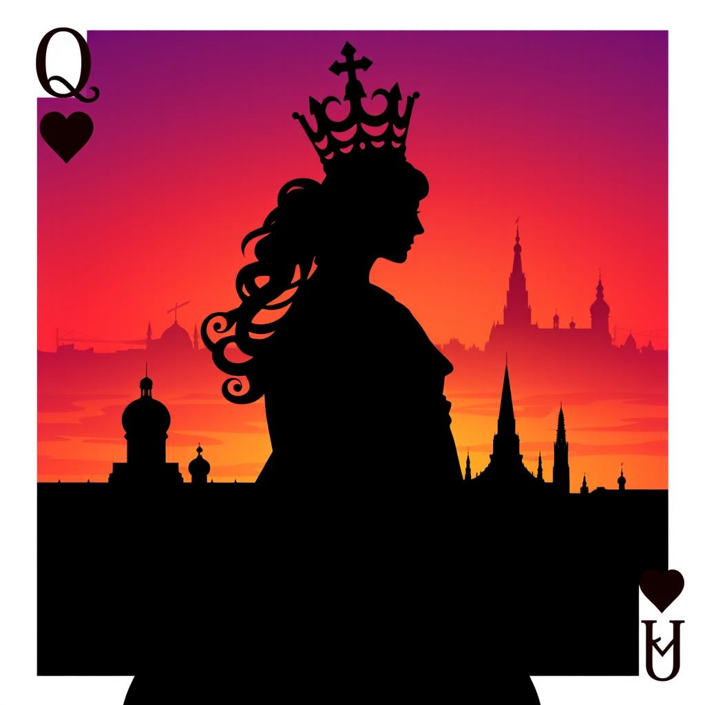 An elegant book cover design showcasing the silhouette of the playing card Queen of Hearts, complete with her distinctive crown and heart motifs, prominently displayed in the foreground