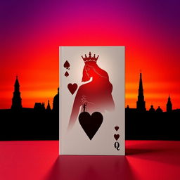 An elegant book cover design showcasing the silhouette of the playing card Queen of Hearts, complete with her distinctive crown and heart motifs, prominently displayed in the foreground