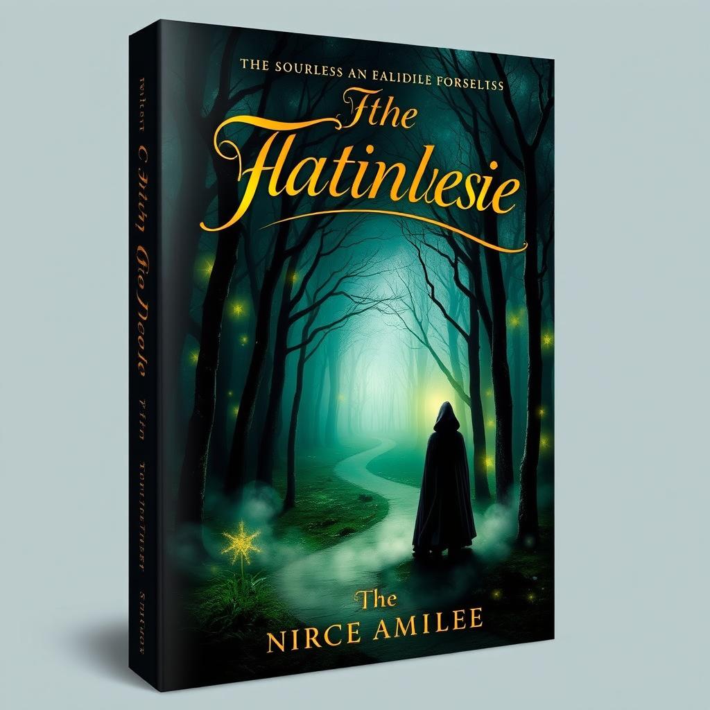 An intriguing book cover design featuring a mystical forest with glowing trees and a winding path leading deeper into the woods