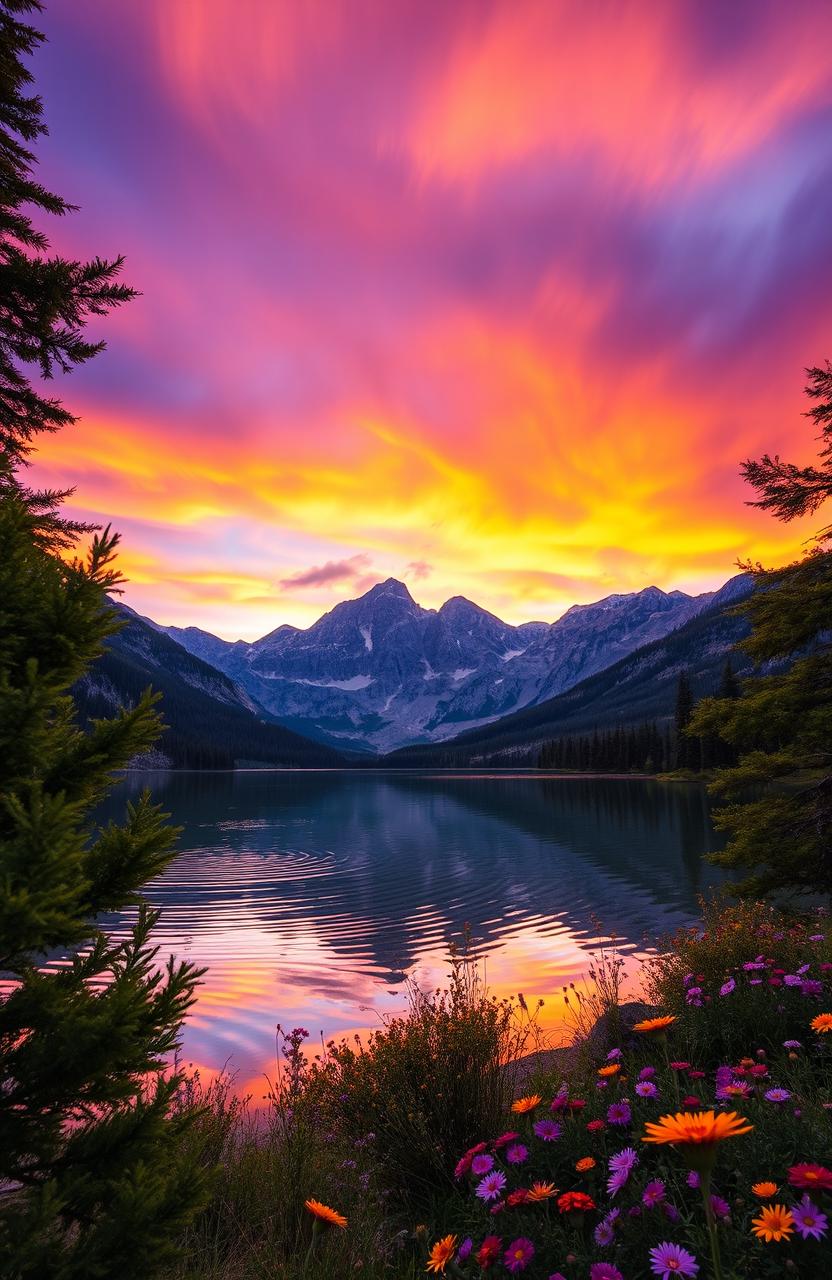 A majestic mountain landscape during sunset, with vibrant orange and purple skies reflected on a crystal-clear lake