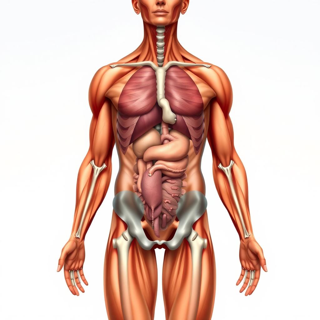 A highly detailed and anatomically accurate illustration of the human body, showcasing the muscular system, skeletal structure, and organ systems