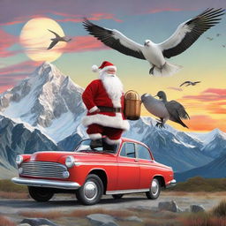 Santa Claus ambitiously climbing Mount Cook, accompanied by a Kereru and mythical Moa, with an impressive dragon overhead. In the backdrop, there's a stunning sunset and a distinctive Holden Commodore parked.