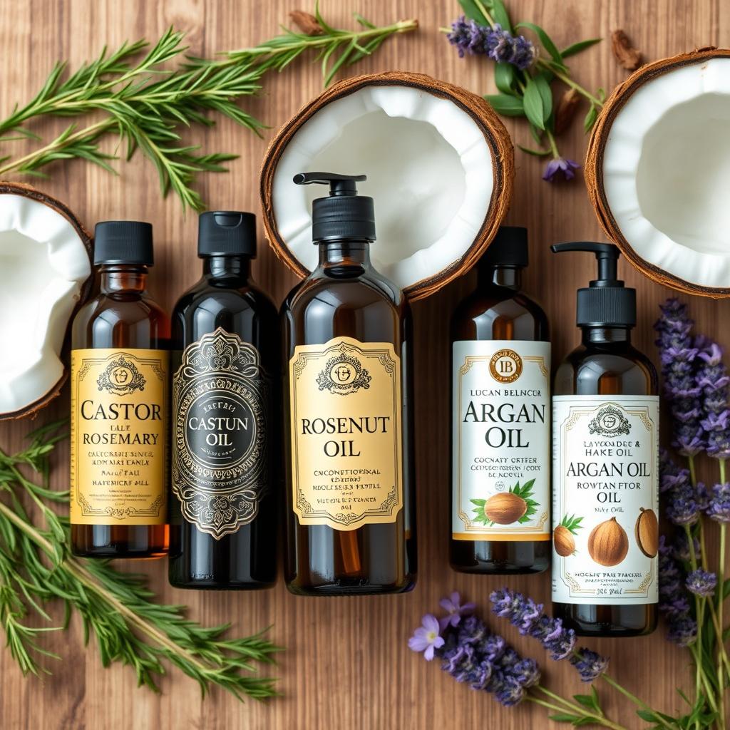 A visually appealing flat lay composition featuring various bottles of hair oils known for promoting hair growth