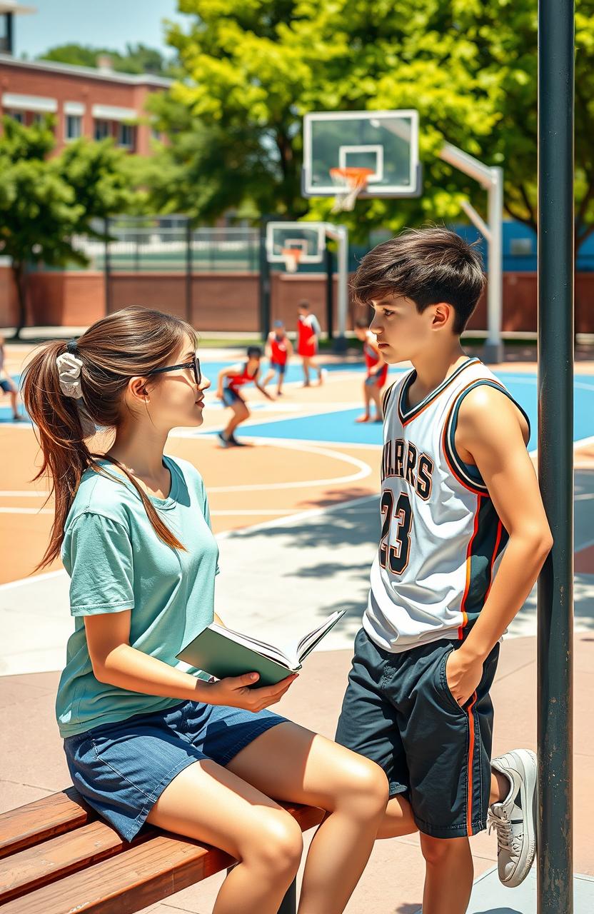 A high school scene featuring a girl with glasses reading a book, sitting on a bench on a sunny schoolyard, while a athletic boy in a basketball jersey stands nearby