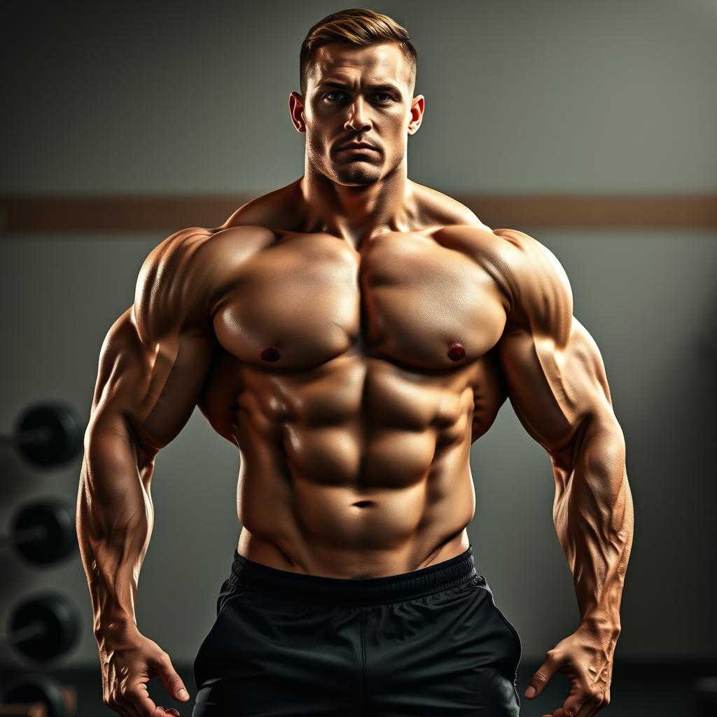 A striking portrait of a muscular man showcasing his full body physique