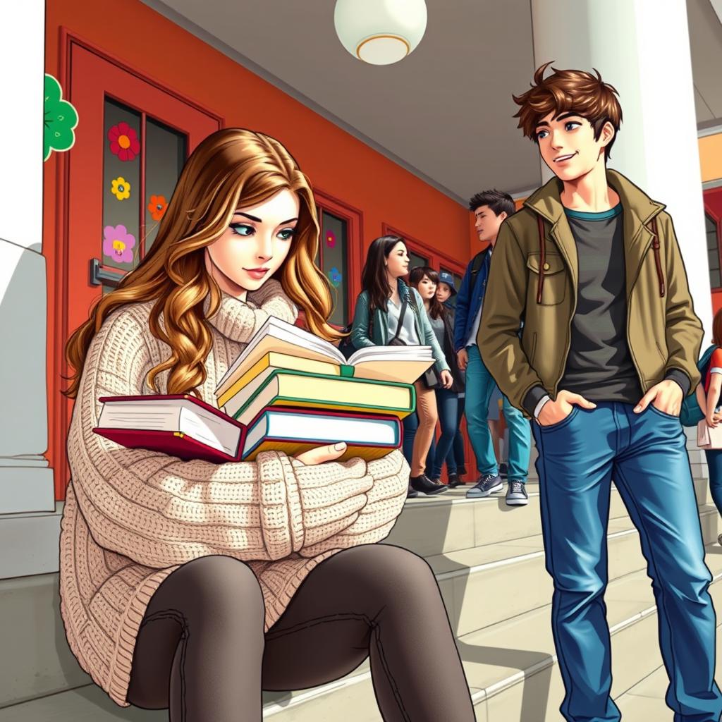 A vibrant high school scene featuring a girl with a stack of books in her arms, wearing a cozy sweater, and sitting on the steps of a school building