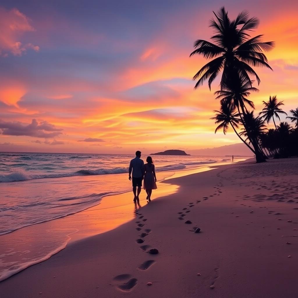 A serene beach at sunset, with soft waves lapping at the shore and a vibrant sky painted in hues of orange, pink, and purple
