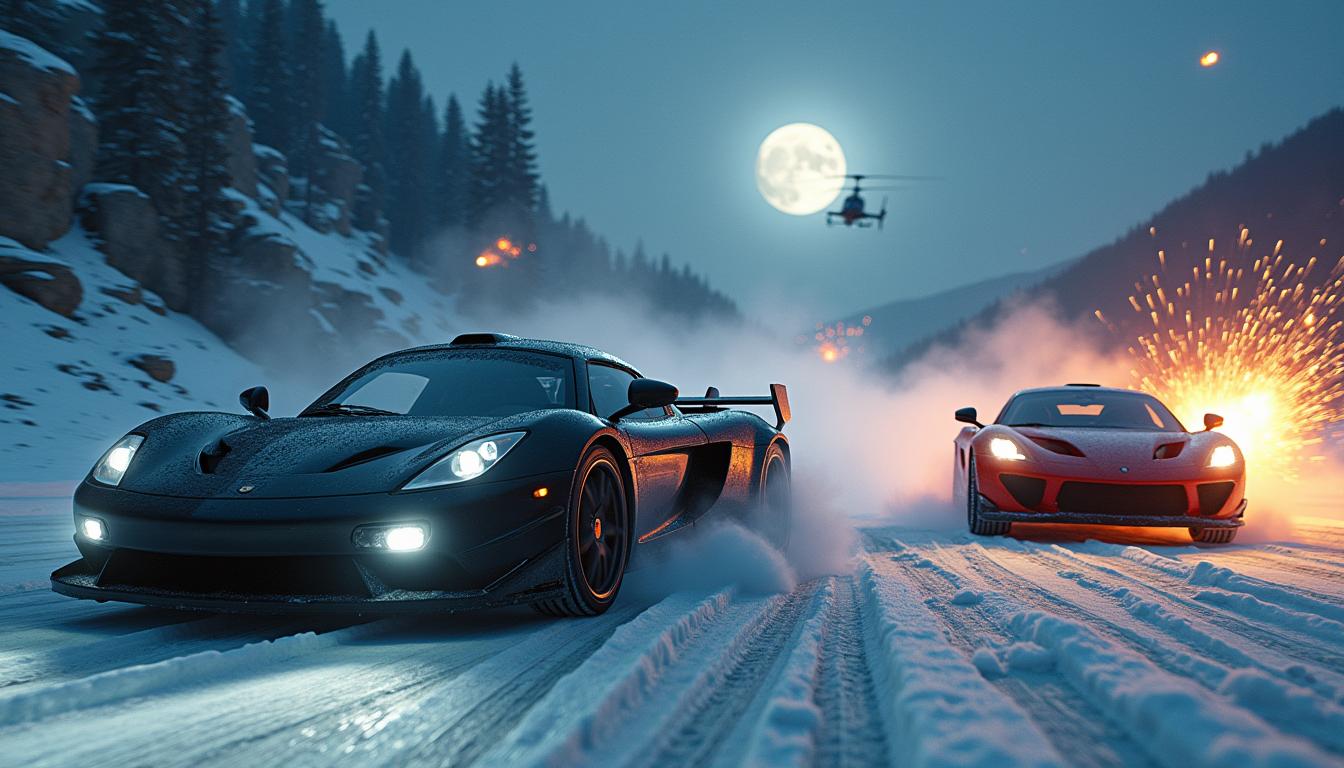 A heart-pounding, high-speed race on a treacherous, snow-covered mountain road illuminated by the eerie glow of a full moon