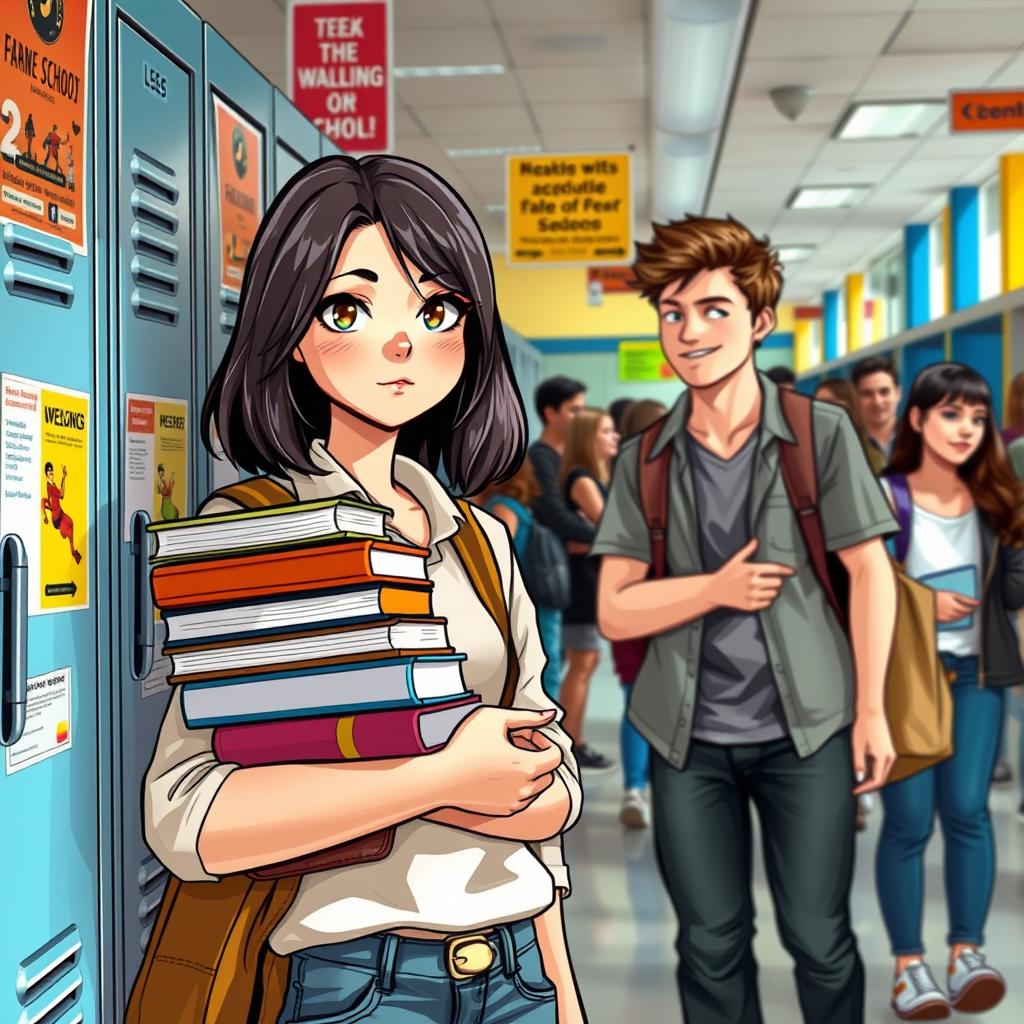 A lively school scene depicting a girl with a stack of books, wearing a stylish outfit that blends literary flair with trendiness, standing determinedly by her locker