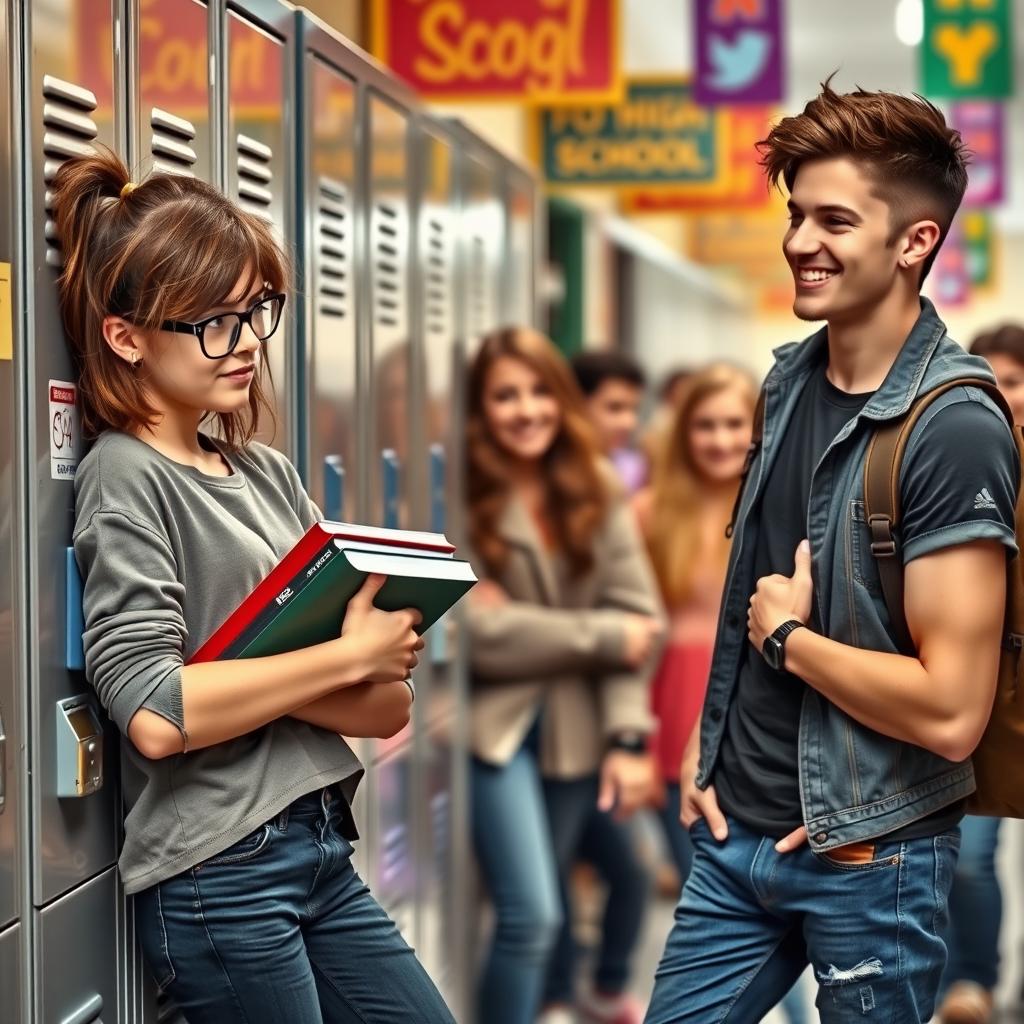 A vibrant high school scene showcasing a girl with tousled hair and glasses, clutching a stack of books while leaning against a row of lockers, dressed in a casual yet stylish outfit