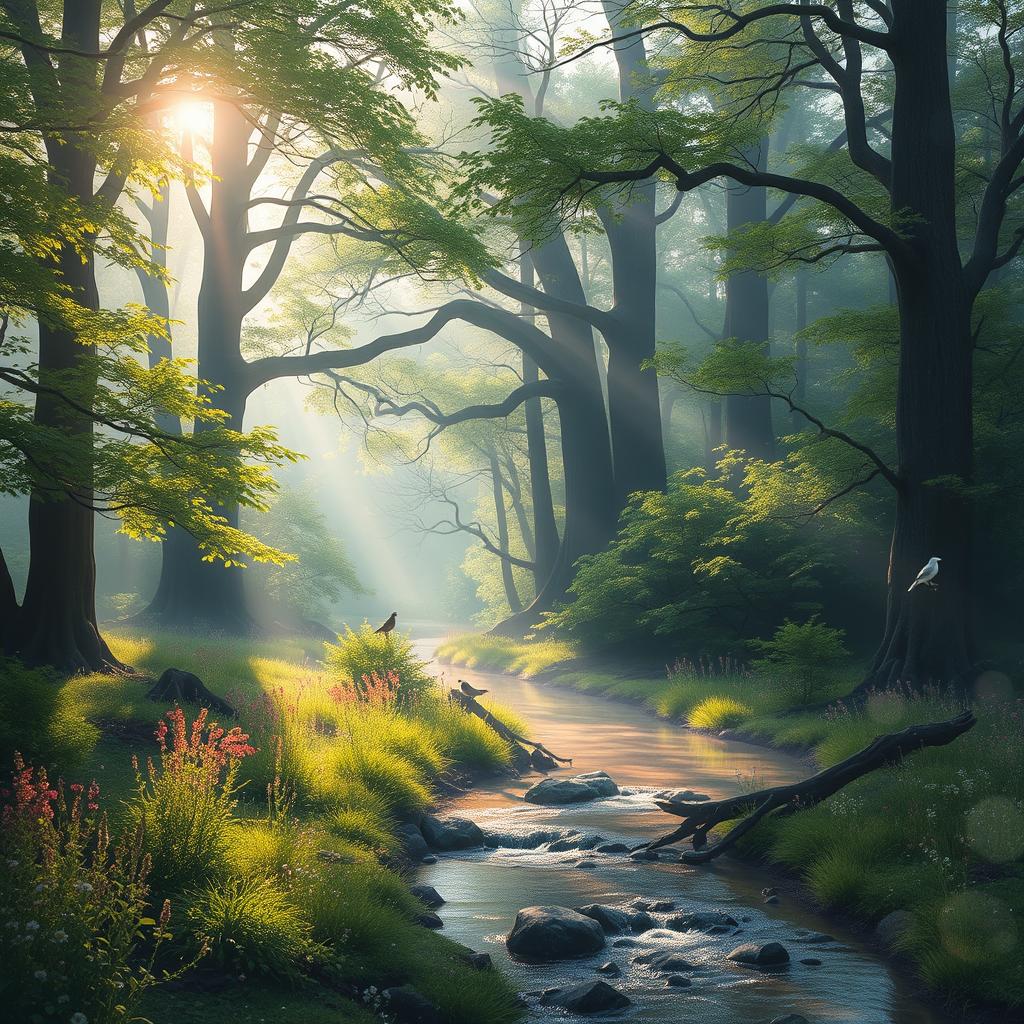 An enchanting forest scene bathed in soft morning light, featuring towering, ancient trees with lush, vibrant green leaves, delicate wildflowers in various hues scattered across the forest floor, and a gentle, misty atmosphere that gives a sense of mystery