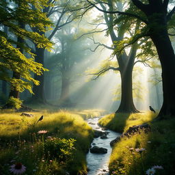 An enchanting forest scene bathed in soft morning light, featuring towering, ancient trees with lush, vibrant green leaves, delicate wildflowers in various hues scattered across the forest floor, and a gentle, misty atmosphere that gives a sense of mystery