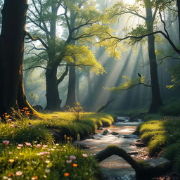 An enchanting forest scene bathed in soft morning light, featuring towering, ancient trees with lush, vibrant green leaves, delicate wildflowers in various hues scattered across the forest floor, and a gentle, misty atmosphere that gives a sense of mystery