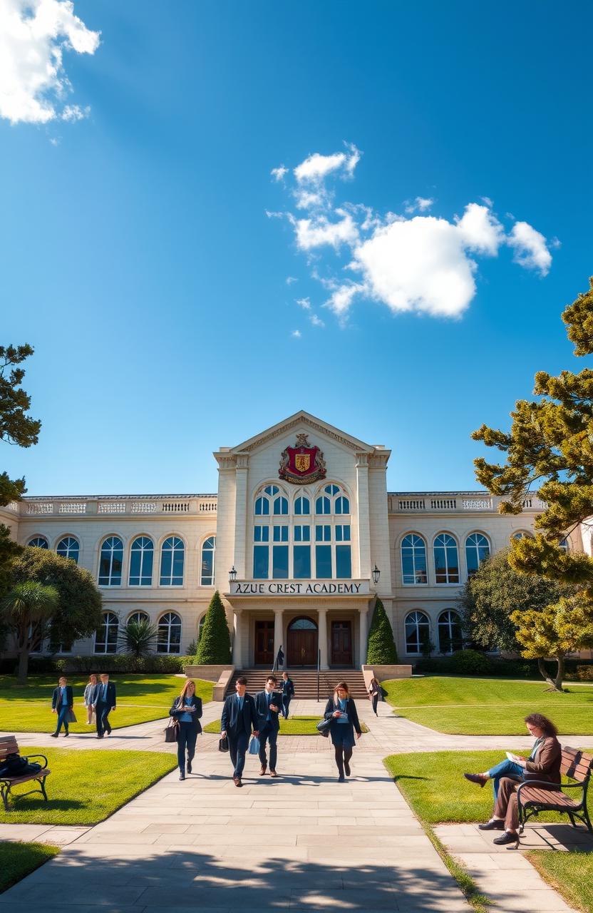 A prestigious high school academy named 'AZURE CREST ACADEMY', featuring magnificent architecture with tall arched windows, an ornate entrance with double doors, and a large crest displayed prominently on the façade