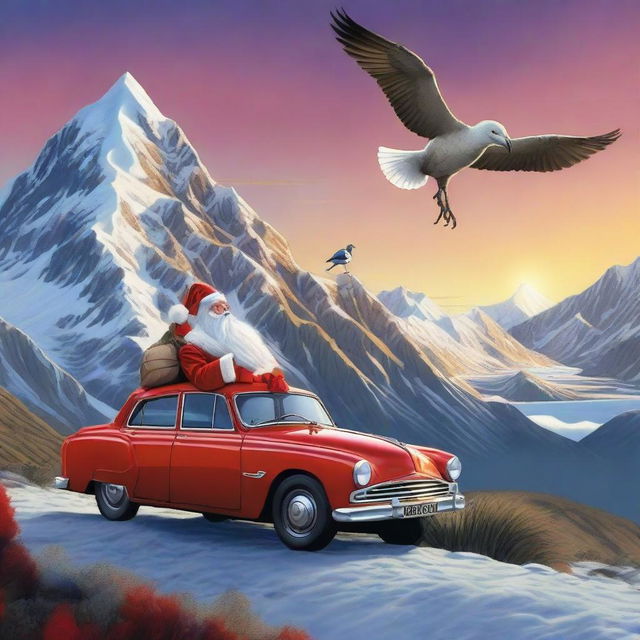 Santa Claus ambitiously climbing Mount Cook, accompanied by a Kereru and mythical Moa, with an impressive dragon overhead. In the backdrop, there's a stunning sunset and a distinctive Holden Commodore parked.