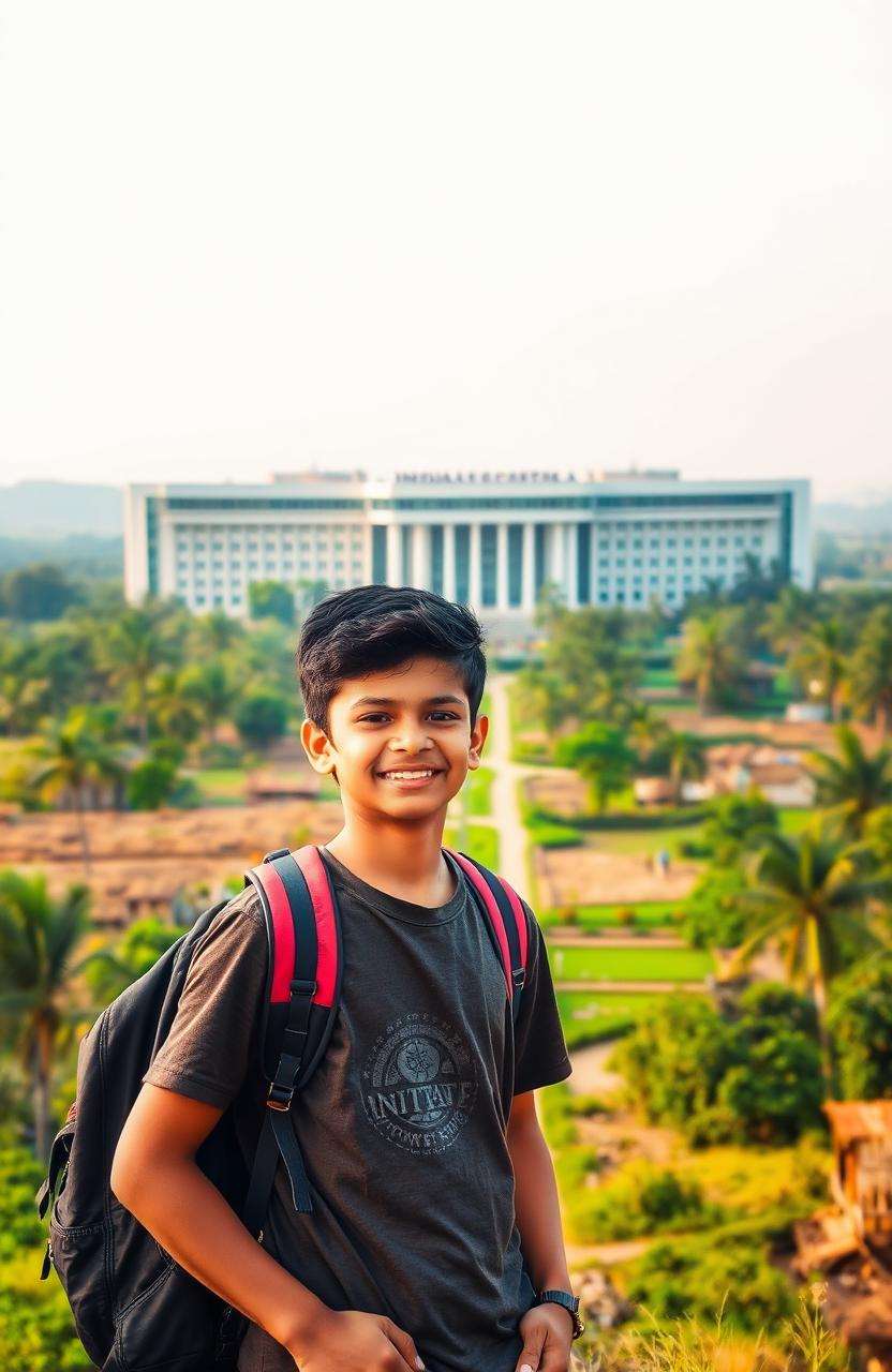 A young, determined student stands in front of the Indian Institute of Technology Bombay (IITB), a modern and prestigious campus filled with lush greenery and iconic buildings