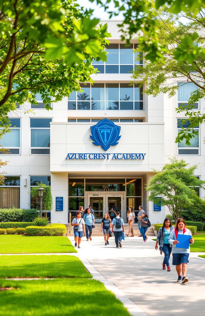 A prestigious high school academy named 'AZURE CREST ACADEMY', featuring a grand entrance with modern architectural style, prominently displaying the school's navy blue logo on an elegant sign