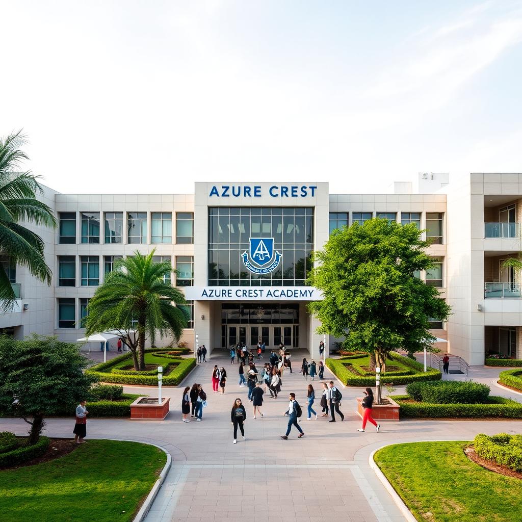 A big and prestigious high school academy named 'AZURE CREST ACADEMY', showcasing an impressive, large building with modern architectural design