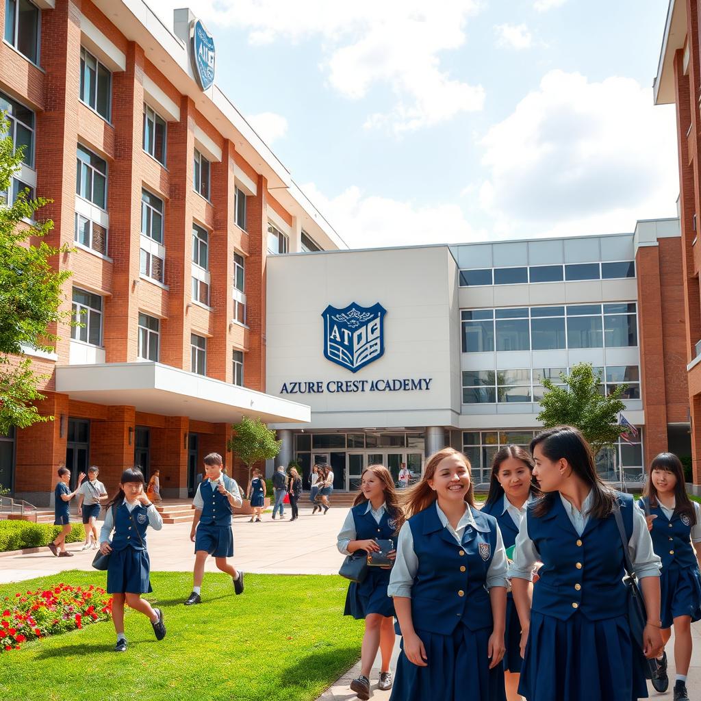 A big and prestigious high school academy named 'AZURE CREST ACADEMY', showcasing an impressive architectural design