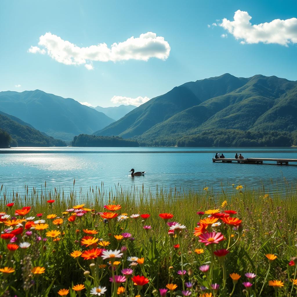 A serene landscape depicting a tranquil lake surrounded by lush green mountains under a clear blue sky, with a small wooden dock extending into the lake