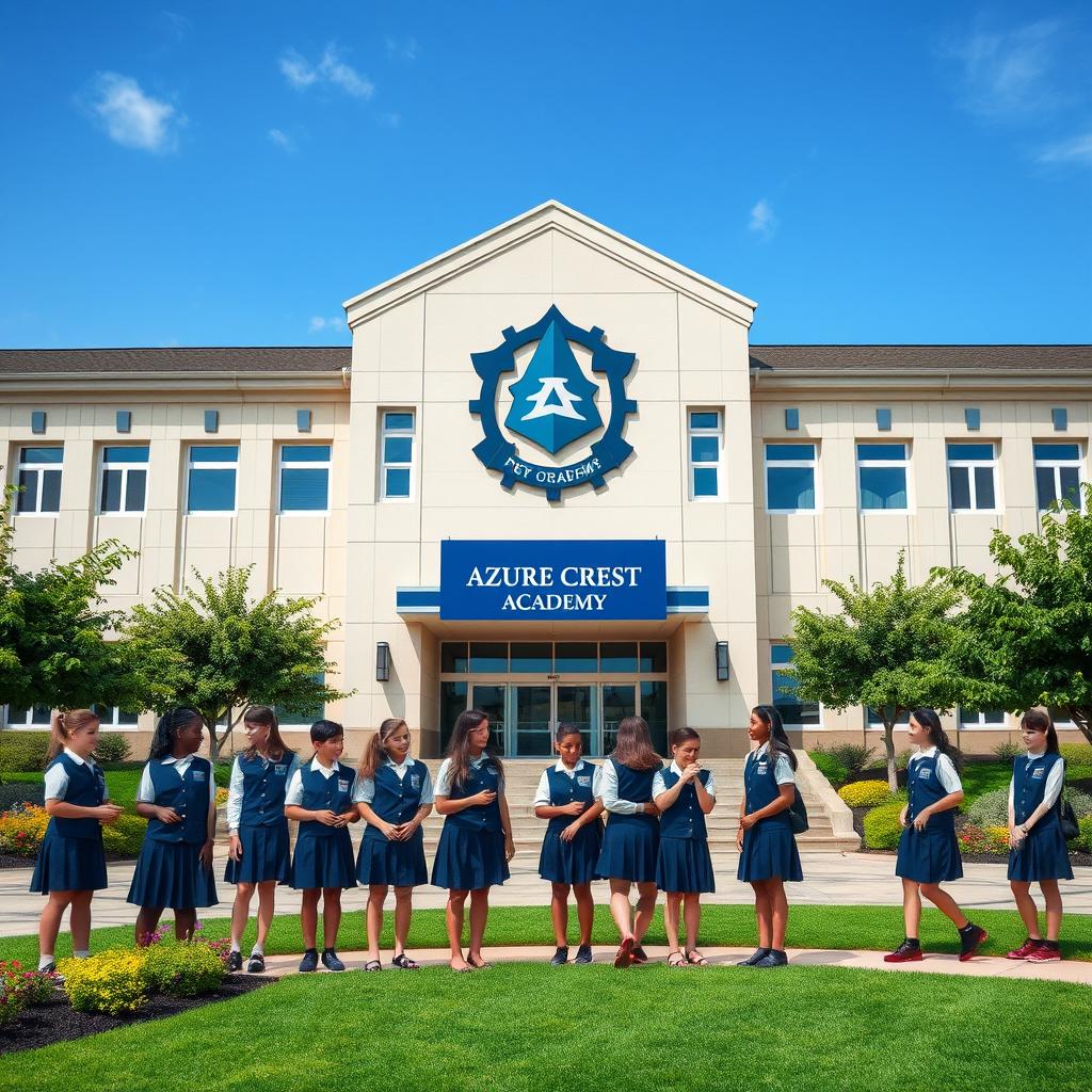 A big and prestigious high school academy named 'AZURE CREST ACADEMY', featuring an impressive architectural design