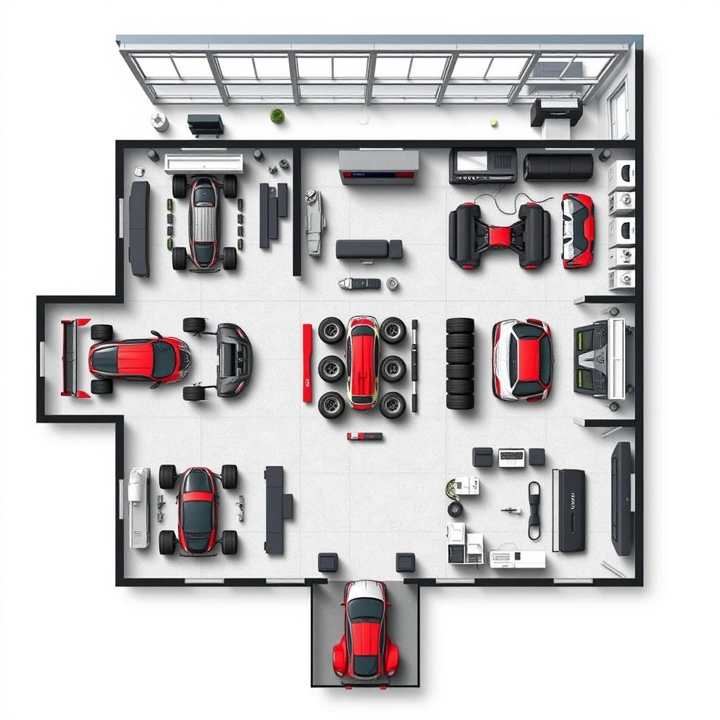 A detailed floor plan of a racing garage, designed to accommodate the needs of a professional racing team