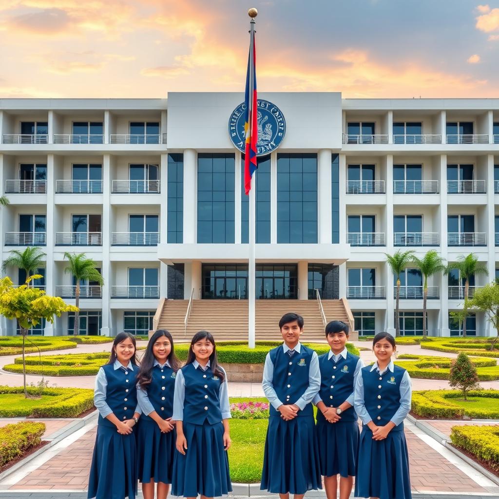A big, luxurious, and prestigious high school academy front campus featuring 'AZURE CREST ACADEMY