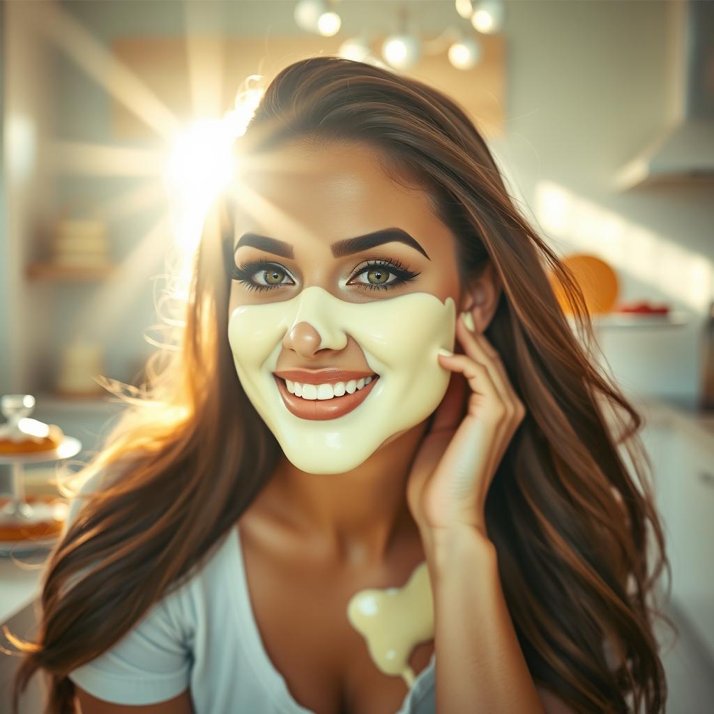 A glamorous scene featuring a beautiful woman with a playful expression, her face covered in a generous layer of creamy vanilla pudding