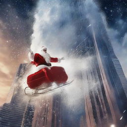 A dramatic scene of Santa's sleigh crashing into a towering skyscraper, creating an explosion of snow and sparkles, against the backdrop of a lit night sky.