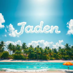 A stunning tropical paradise scene featuring lush green palm trees, white sandy beaches, and a brilliant turquoise ocean