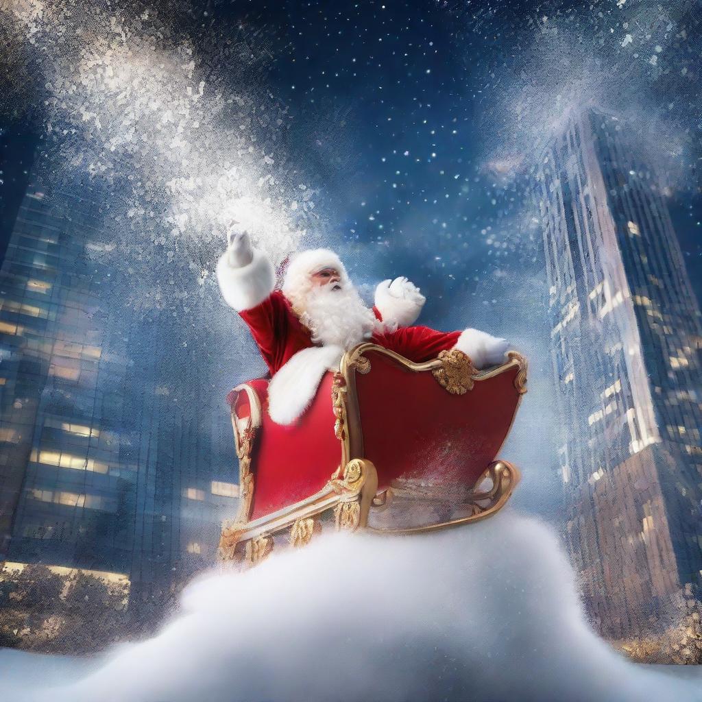 A dramatic scene of Santa's sleigh crashing into a towering skyscraper, creating an explosion of snow and sparkles, against the backdrop of a lit night sky.