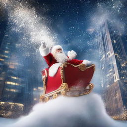 A dramatic scene of Santa's sleigh crashing into a towering skyscraper, creating an explosion of snow and sparkles, against the backdrop of a lit night sky.