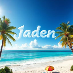 A stunning tropical paradise scene featuring lush green palm trees, white sandy beaches, and a brilliant turquoise ocean