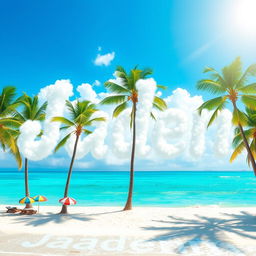 A stunning tropical paradise scene featuring lush green palm trees, white sandy beaches, and a brilliant turquoise ocean