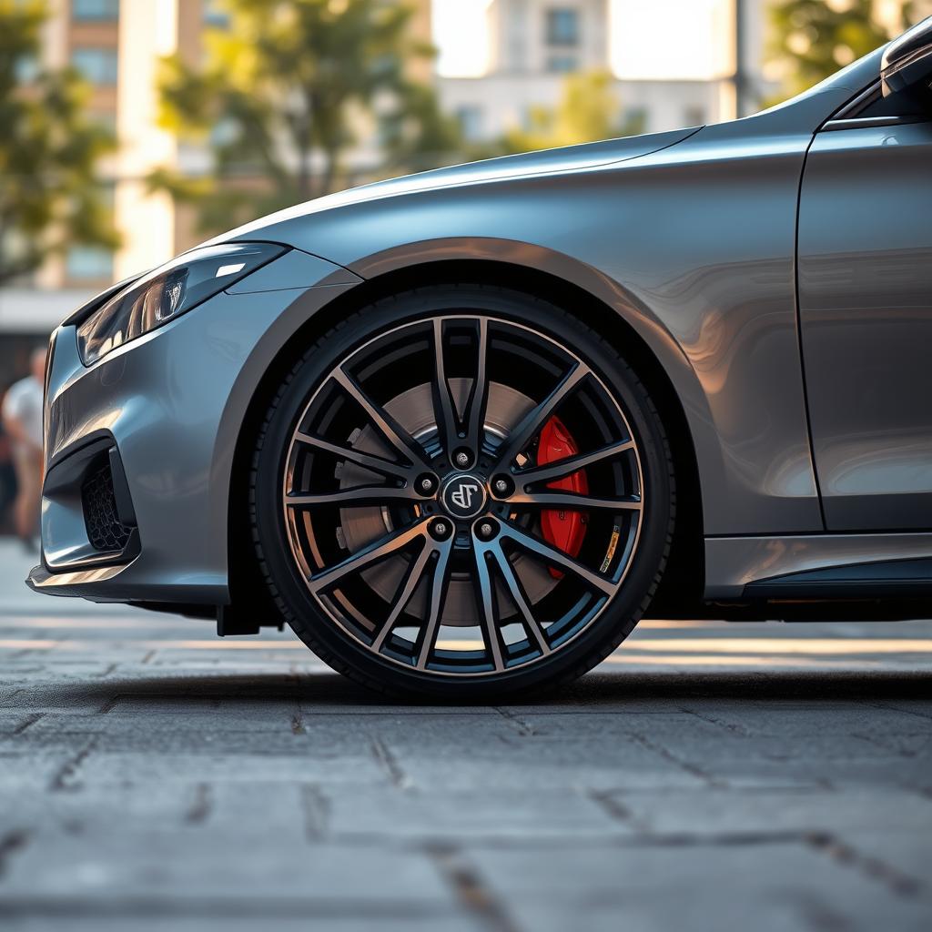 A realistic image of a car showcasing a sleek, modern alloy wheel, emphasizing the intricate design and shiny finish, placed in the context of an urban environment with sunlight reflecting off the surface