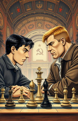 A vintage drawing depicting two young men engaged in a game of chess