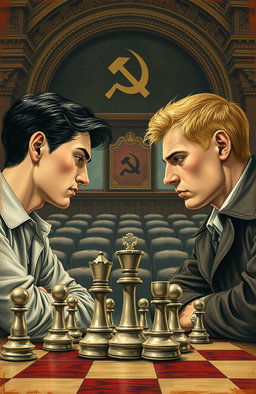A vintage drawing depicting two young men engaged in a game of chess